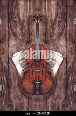 Watercolor vintage violin fiddle musical instrument with music notes on wooden texture background. Stock Photo