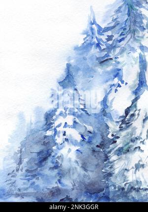 Watercolor winter snowy pine wood forest landscape. Stock Photo