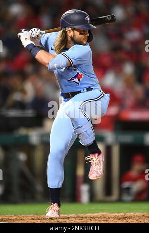 ANAHEIM, CA - MAY 29: Toronto Blue Jays shortstop Bo Bichette (11) looks on  during the MLB game between the Toronto Blue Jays and the Los Angeles  Angels of Anaheim on May