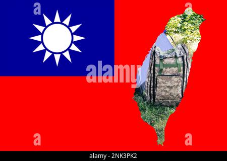 Defocus Taiwan flag, official colors and proportion correctly. National Taiwan flag. Taiwan map. Democracy. War and military backpack. War between Chi Stock Photo