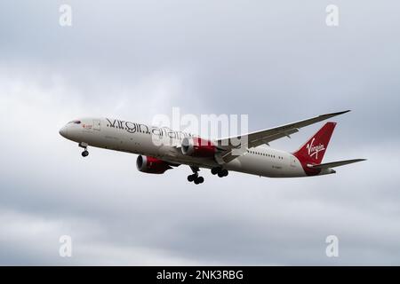 Heathrow, London - February 20th 2023: Virgin Atlantic Final Approach Landing Heathrow Airport Stock Photo