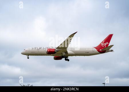 Heathrow, London - February 20th 2023: Virgin Atlantic Final Approach Landing Heathrow Airport Stock Photo