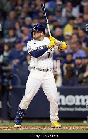 MILWAUKEE, WI - MAY 17: Milwaukee Brewers right fielder Hunter Renfroe (12)  leaps at the wall but is unable to catch a ball hit by Atlanta Braves  second baseman Ozzie Albies (1)