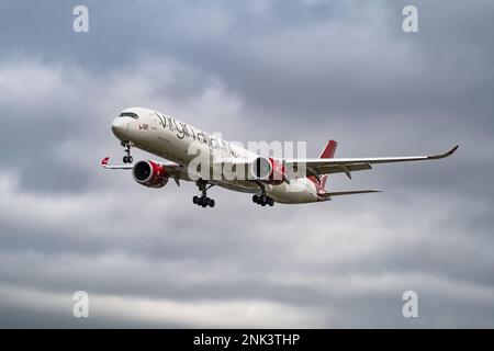 Heathrow, London - February 20th 2023: Virgin Atlantic Final Approach Landing Heathrow Airport Stock Photo