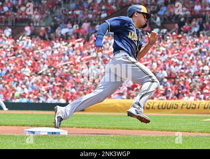 Milwaukee Brewers' Tyrone Taylor rounds first base after hitting a home run  off of New York Yankees pitcher Jonathan Loaisiga (43) during the eighth  inning of a baseball game Saturday, Sept. 9