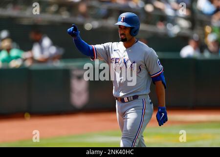 Oakland, USA. 26th May, 2022. Texas Rangers right fielder Kole Calhoun (56)  swings at a pitch during the second inning against the Oakland Athletics in  Oakland, CA Thursday May 26, 2022. (Image