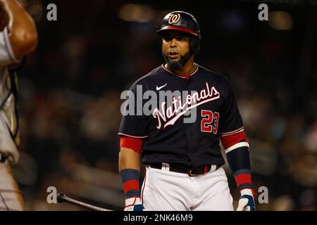 WASHINGTON, DC - May 12: Washington Nationals designated hitter Nelson Cruz  (23) bats during the New York Mets versus the Washington Nationals on May  12, 2022 at Nationals Park in Washington, D.C. (