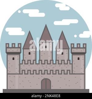 Medieval ancient castle flat icon. Fortress on sky circle background. Medieval architecture. Vector illustration of knight castle with walls and tower Stock Vector