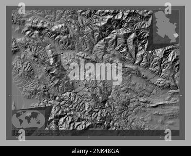 Pirotski, district of Serbia. Bilevel elevation map with lakes and rivers. Locations of major cities of the region. Corner auxiliary location maps Stock Photo