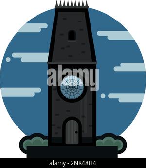 Gothic tower flat icon. Dark building with a big window with spider web pattern on circle sky background. Muted colors. Gothic architecture. Stock Vector