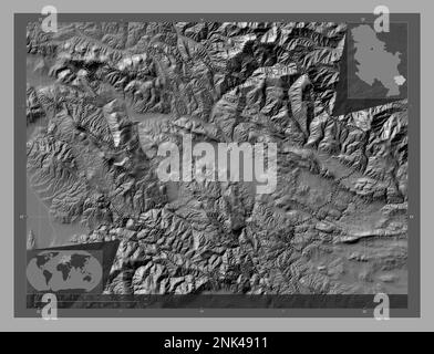 Pirotski, district of Serbia. Bilevel elevation map with lakes and rivers. Corner auxiliary location maps Stock Photo