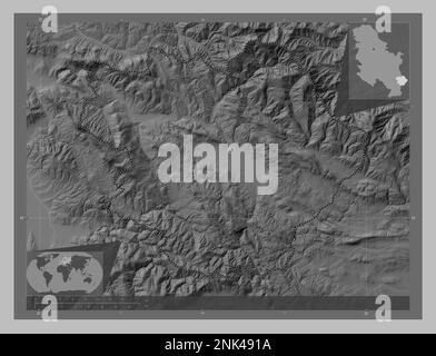 Pirotski, district of Serbia. Grayscale elevation map with lakes and rivers. Corner auxiliary location maps Stock Photo