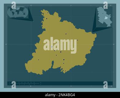 Pomoravski, district of Serbia. Solid color shape. Locations of major cities of the region. Corner auxiliary location maps Stock Photo