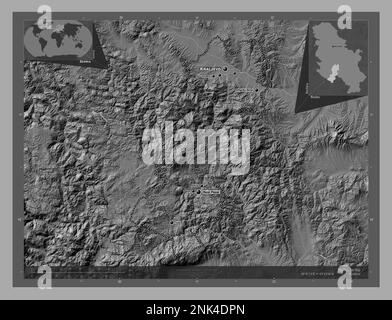 Raski, district of Serbia. Bilevel elevation map with lakes and rivers. Locations and names of major cities of the region. Corner auxiliary location m Stock Photo