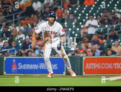 Houston Astros' Jose Siri watches his line drive triple against the Oakland  Athletics during the third inning of a baseball game in Oakland, Calif.,  Monday, May 30, 2022. (AP Photo/John Hefti Stock