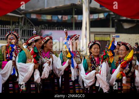 On February.22,2023 in Lalitpur, Nepal. Tibetan women in traditional attire takes part in "Gyalpo Lhosar" celebration marking  third day of Tibetan's New Year. (Photo by Abhishek Maharjan/Sipa USA) Stock Photo