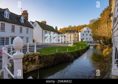 The old mill with new housing development on the Darent Farningham Kent Stock Photo