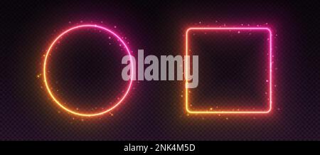 Gradient neon frames, glowing borders with smoke and sparkles, led circle and square. Stock Vector