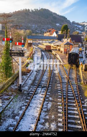 The railway station and lines at Llangollen Denbighshire north Wales. Stock Photo
