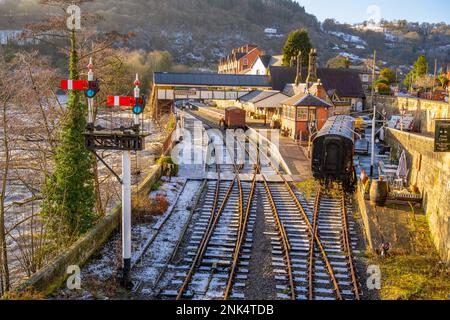 The railway station and lines at Llangollen Denbighshire north Wales. Stock Photo