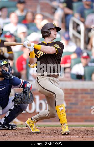 ATLANTA, GA - MAY 14: San Diego Padres catcher Jorge Alfaro (38) singles to  right field to drive in a run in the eighth inning of an MLB game against  the Atlanta