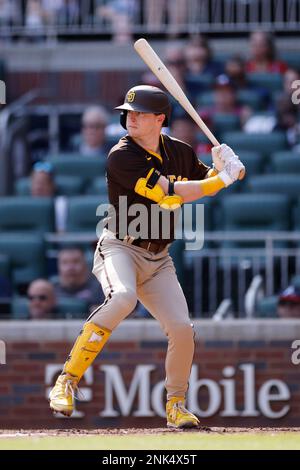 ATLANTA, GA - MAY 14: San Diego Padres catcher Jorge Alfaro (38) singles to  right field to drive in a run in the eighth inning of an MLB game against  the Atlanta