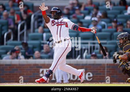 Atlanta Braves left fielder Marcell Ozuna (20) bats against the  Philadelphia Phillies during a baseball game Saturday, April 10, 2021, in  Atlanta. (AP Photo/John Bazemore Stock Photo - Alamy