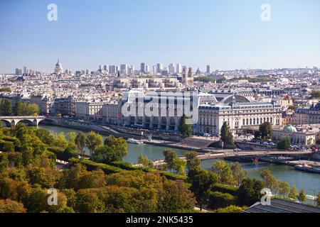 Aerial view of Paris centered on the Orsay museum but also including the Seine River, the Tuileries garden and many other landmarks. Stock Photo