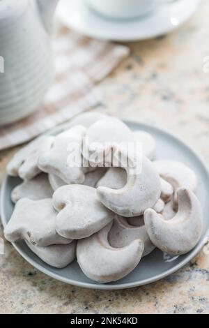 Gingerbread cookies with the sugar icing on the plate. Stock Photo