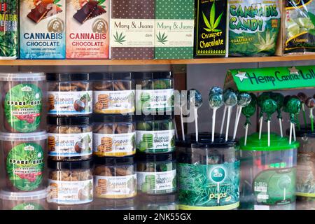 Amsterdam, Netherlands - August 27 2017: Variety of cannabis related products in a display case in a coffee shop of Amsterdam. Stock Photo