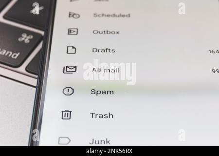 Spam in email inbox. Email inbox on smartphone - junk, trash, spam Stock Photo