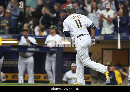 MILWAUKEE, WI - JUNE 20: Milwaukee Brewers first baseman Rowdy Tellez (11)  throws the ball during a game between the Milwaukee Brewers and the Arizona  Diamondbacks at American Family Field on June