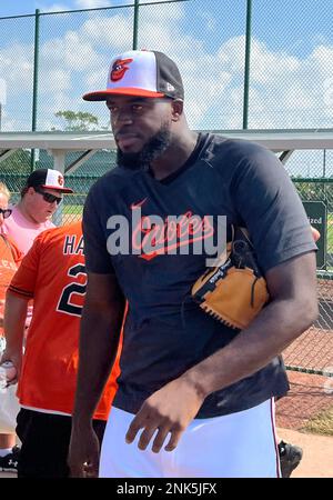 Sarasota, FL, USA. 23rd Feb, 2023. Felix Bautista at Baltimore Orioles Spring Training at Ed Smith Stadium in Sarasota, Florida on February 23, 2023. Credit: Mp99/Media Punch/Alamy Live News Stock Photo