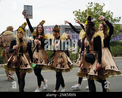 Rijeka, Croatia, 19th February, 2023. Beautiful young cheerful girls having fun at the carnival parade Stock Photo