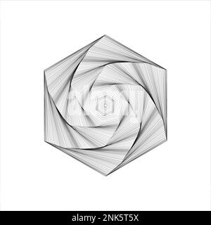 Twisted spirals. Sacred geometry. Tunnel with lines in the form of a hexagons. Vector geometric fractal element. Stock Vector