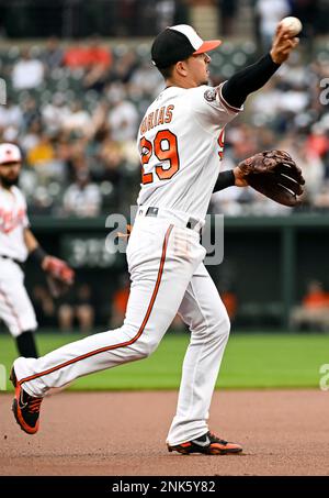 BALTIMORE, MD - APRIL 08: Baltimore Orioles third baseman Ramon Urias (29)  sprints down the first base line during the New York Yankees versus  Baltimore Orioles MLB game at Oriole Park at