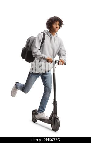 African american male student riding an electirc scooter isolated on white background Stock Photo