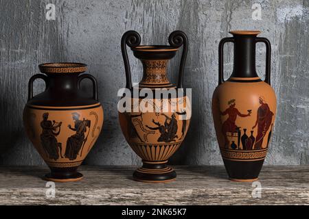 Three ancient Greek wine vases of different shapes with meander ornaments and various patterns stand in a row on a wooden shelf against a concrete wal Stock Photo