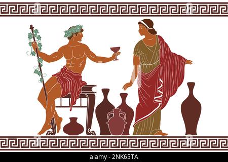 Drawing in the ancient Greek style. Mythological plot, Dionysus the god of winemaking holds out a glass of wine to Ariadne. Stock Vector
