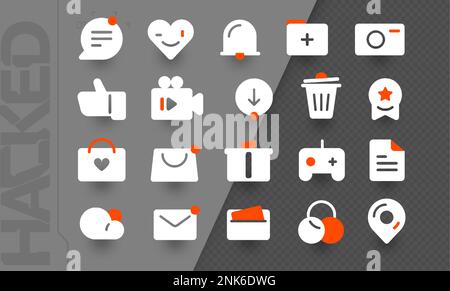 Icons for basic app and functions. Games, communication, weather, shopping and others. Black icons with orange elements. Stock Vector