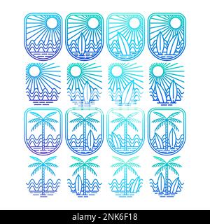 Ocean and beach panorama. Summer time and surfing landscape artwork design collection. Editable, vector illustration Stock Vector