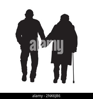 Senior couple silhouette. Old couple holding hands walking in park. Grandfather and grandmother together. Elderly people with cane. Mature pair.Vector Stock Vector