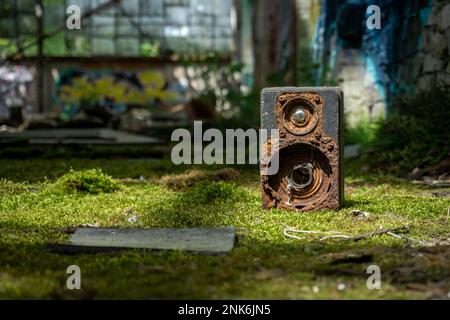 Small rusty speaker on mossy ground. Found in a abandoned factory hall. Stock Photo