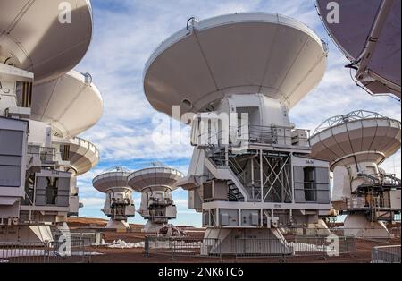 ALMA observatory, Antennas in plain of Chajnantor, 5000 meters of altitude,Array Operations Site (AOS), Atacama desert. Region de Antofagasta. Chile Stock Photo