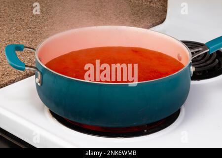 Horizontal close-up shot of a blue pot on a stove top holding steaming tomato soup. Stock Photo