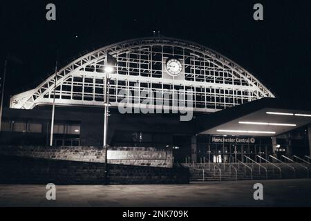 Manchester, England - February 02.2022, city on the night, black and white. Stock Photo