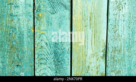 Vintage Texture. Copy Space, Close up. Empty Old Light Blue Green Turquoise Yellow Rough Peeling Paint Antique Planks Rustic Rural Grunge Wooden Textu Stock Photo