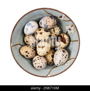 top view of many boiled quail eggs in ceramic bowl cutout on white background Stock Photo