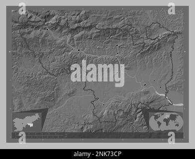 Spodnjeposavska, statistical region of Slovenia. Grayscale elevation map with lakes and rivers. Locations of major cities of the region. Corner auxili Stock Photo