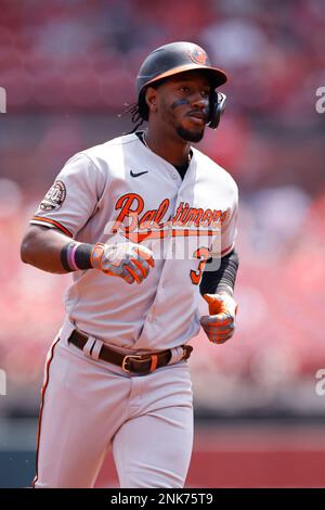 Baltimore Orioles' Jorge Mateo celebrates as he rounds the bases after  hitting a solo home run during the second inning of a baseball game against  the St. Louis Cardinals Thursday, May 12